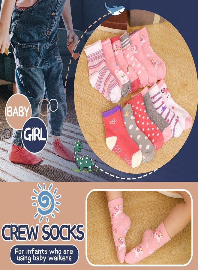 ANTSANG Baby Girls Toddlers Grips Socks Kids Non Slip/Anti Skid Unicorn Striped Crew Cotton Socks 12 Pairs Gift Stocking Stuffers (Girl's-Unicorn Pink(12 Pairs),3-5 Y) - Image 4
